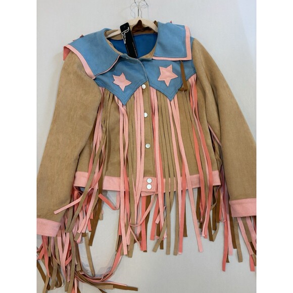 Lucky And Blessed Jacket NWT Fringe Rodeo Western Large  Outdoor Blue Pink Stars - Picture 1 of 5